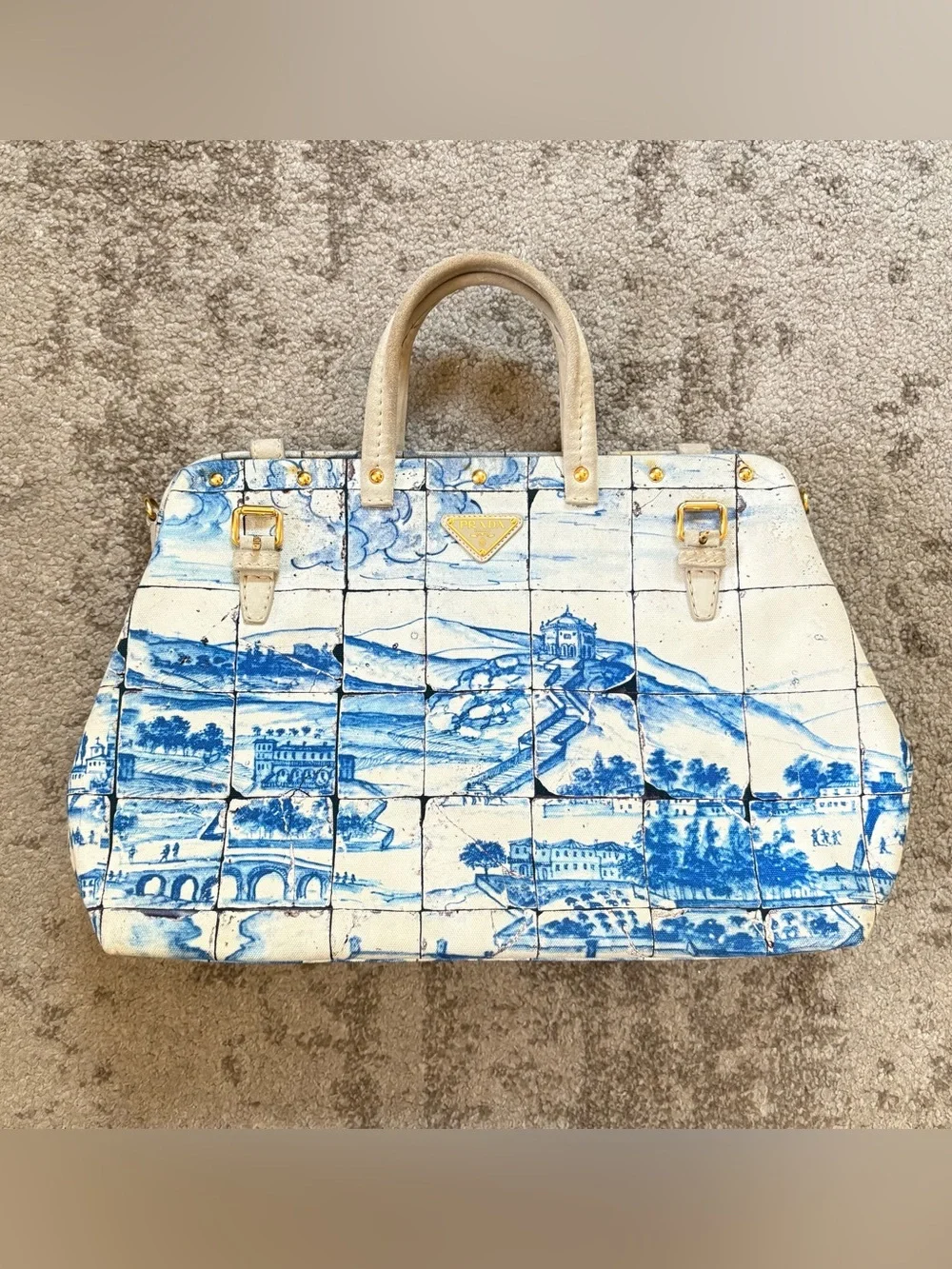 Prada Blue and White Scenic Satchel with Cream Handles